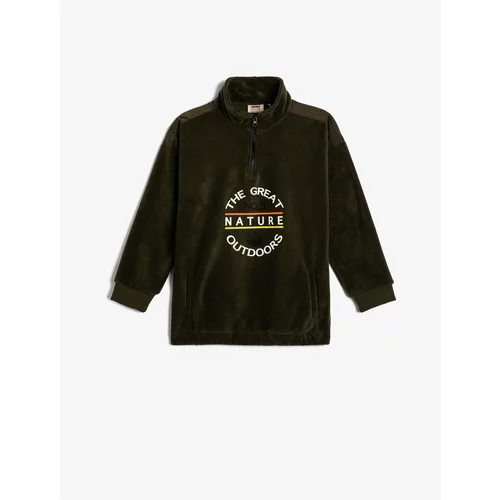 Koton Fleece Sweatshirt Oversize Half Zipper Standing Collar with Pockets Printed Sharding