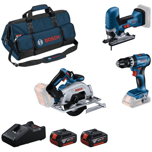 Bosch Set aku alata Bu&scaron;ilica-odvrtač GSB 18V, Kružna testera GKS 18V i Ubodna testera GST 18V, 2&times;4.0Ah akumulatora, Punjač GAL 18V-40, L-BOXX 136 Cene