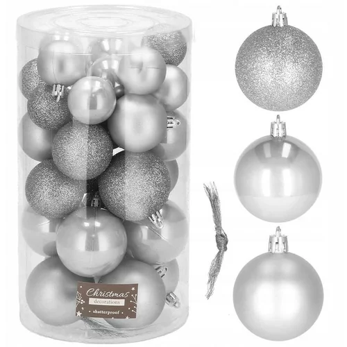 springos Božične kroglice srebrne 30 kos 4/5/6 cm z vrvicami
