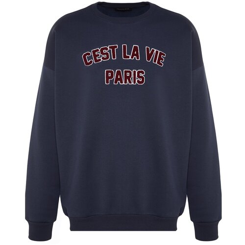 Trendyol Navy Blue Men's Oversize/Wide Cut Crew Neck Sweatshirt with Embroidered Text. Slike
