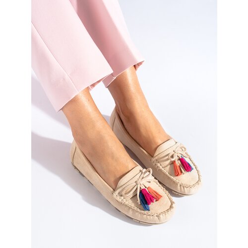 SHELOVET Beige suede boho loafers with fringe Slike