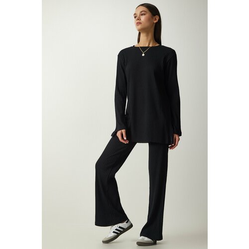 Happiness İstanbul Women's Black Corded Knitted Blouse and Trousers Set Slike