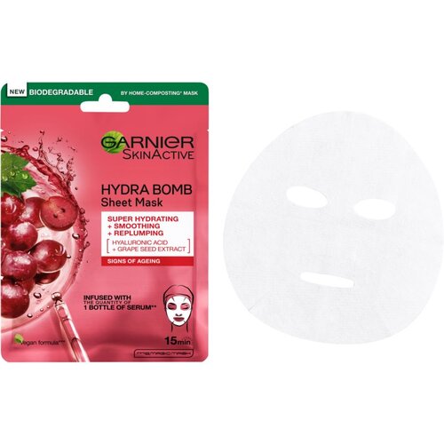 Garnier Skin Naturals Hydra Bomb Natural Origin Grape Seed Extract vlažilna in posvetlitvena platnena maska ​​proti staranju 1 ks za ženske Slike