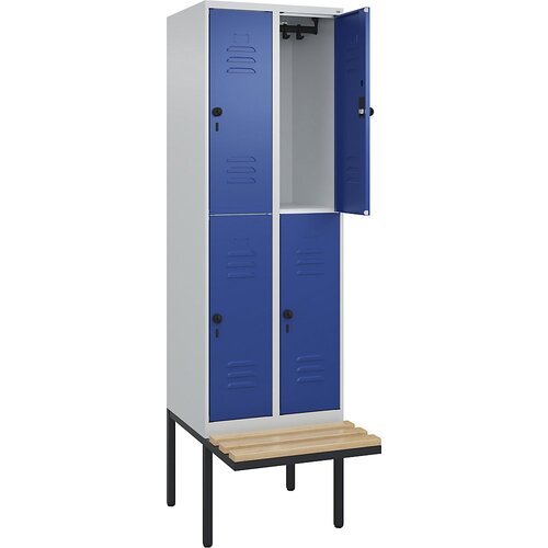 C+P Dvonadstropna garderobna omara s klopjo Classic PLUS, 2 dela, svetlo sive / encijan modre barve, Š 600 mm, varnostni vrtljivi zapah, lebdeča klop, Cene