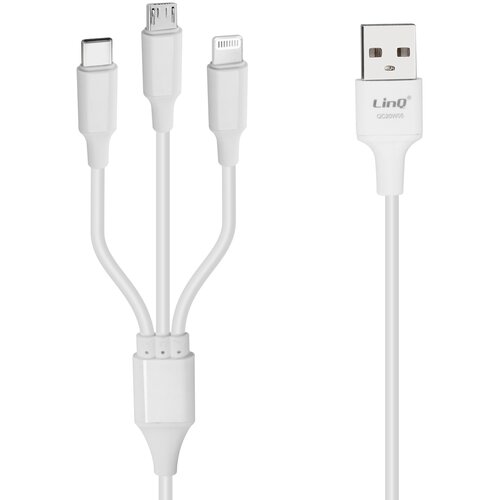 LINQ Kabel 3-v-1 USB v USB-C / iPhone Lightning / Micro-USB - 5 A ultra-hitro polnjenje - dolžina 1,2 m, - bel, (20649884) Slike