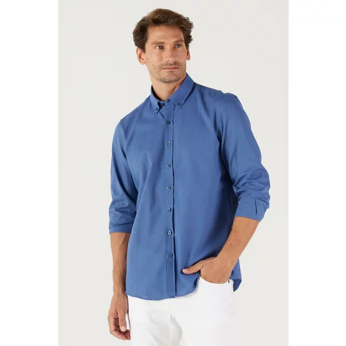AC&Co / Altınyıldız Classics Men's Indigo Tailored Slim Fit Oxford Buttoned Collar Linen-Looking 100% Cotton Flared Shirt.