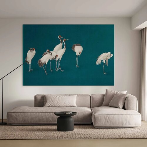  XXL slika - Evening by the pond - a group of cranes drawn in dry pastel on a dark turquoise background 220x147 Slike