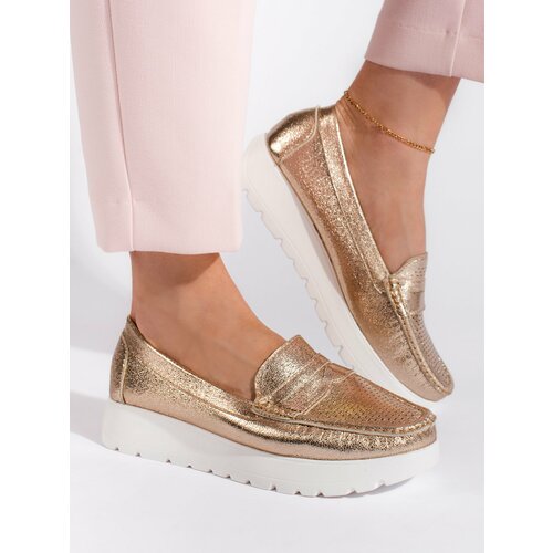 GOODIN Women's openwork gold loafers on a platform Slike