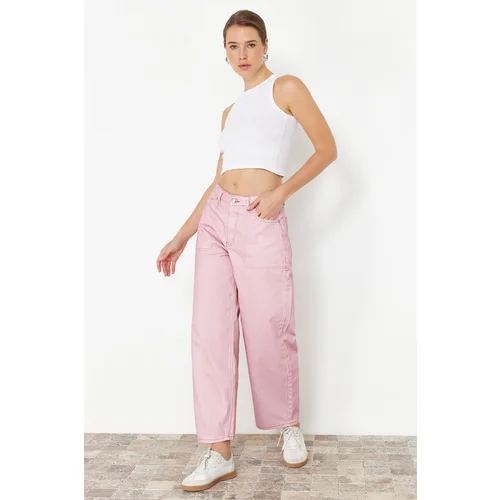 Trendyol Pink Striped High Waist Barrel Jeans