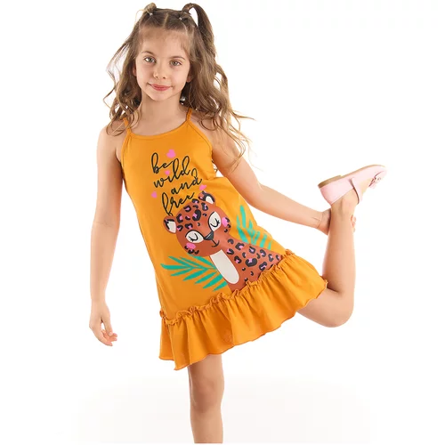 Mushi Leo Girl's Leopard Print Orange Straps Cotton Dress