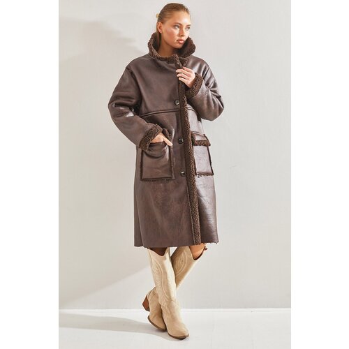 Bianco Lucci Women's Piping Long Laminated Coat 2352 Slike