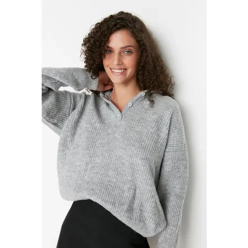 Trendyol Gray Soft Textured Hooded Knitwear Sweater