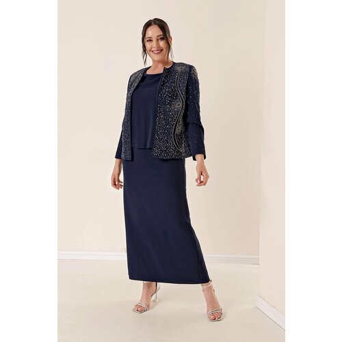 By Saygı Crepe With Beads Embroidered Lined Triple Plus Size Suite, Navy Blue Slike
