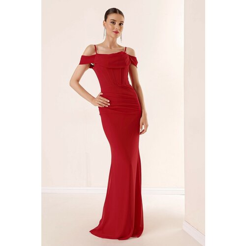 By Saygı Rope Hangings Low Sleeves Underwire Long Chiffon Dress With Draped Front Linen Red Cene