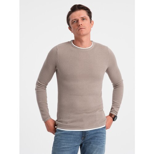 Ombre Men's cotton sweater with round neckline - cold beige Cene