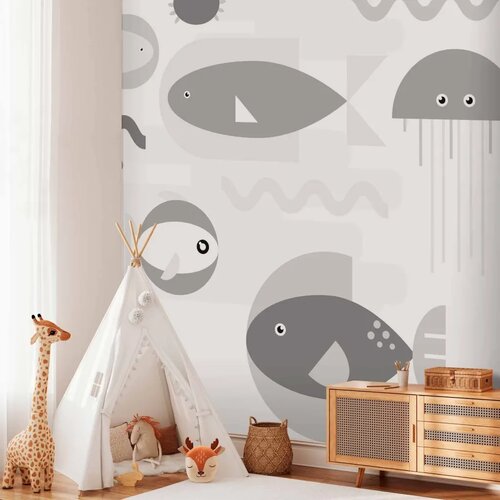  Foto tapeta - Minimalist grey ocean - geometric fish in water for children 490x350 Samoljepljiva Slike