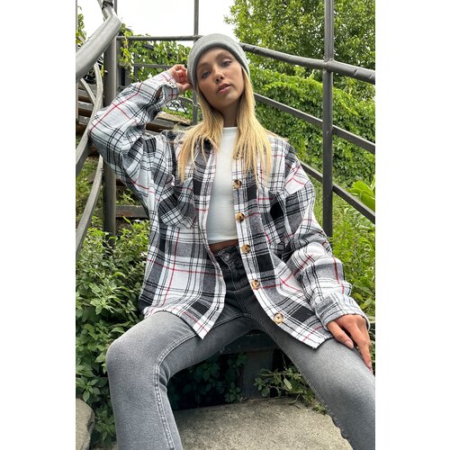 Trend Alaçatı Stili Women's Black Striped Checkered Stamped Cotton Oversize Safari Jacket Shirt Cijene