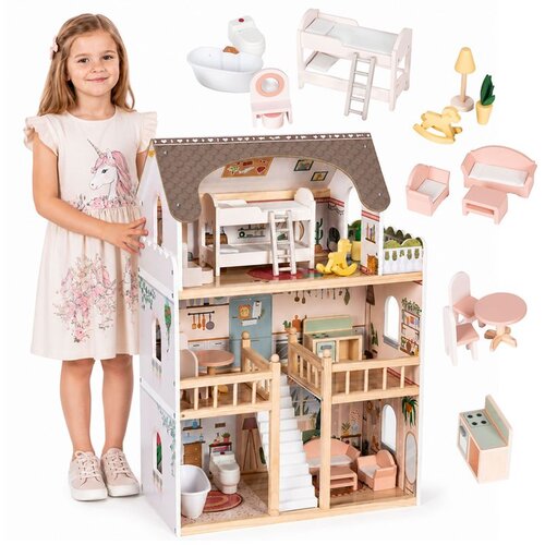 ECO TOYS Drvena kućica za lutke Laura, 3 kata, 5 soba, 15 komada namje&amp;scaron;taja, Slike