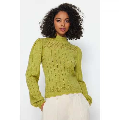 Trendyol Oil Green Openwork/Perforated Standing Collar Knitwear Sweater