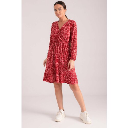 armonika Women's Red Double Breasted Neck Skirt Ruffled Elastic Waist Long Sleeve Dress Slike