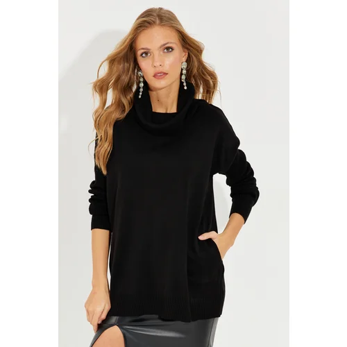 Cool & Sexy Women's Black Turndown Collar Pocket Knitwear Sweater YZ519