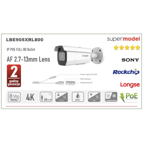 IP POE Bullet kamera 8MP Auto Focus 2.7-13mm 60m IR Cijene