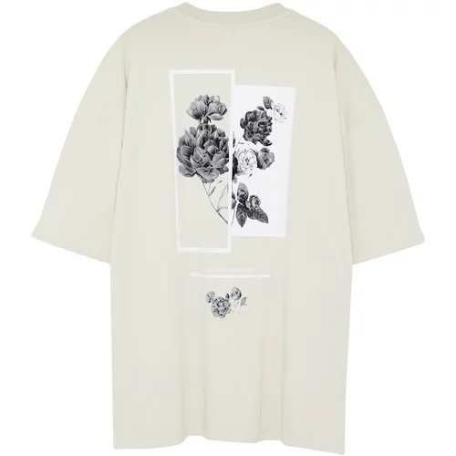 Trendyol Stone Men's Large Size Oversize Comfortable Flower Printed 100% Cotton T-Shirt