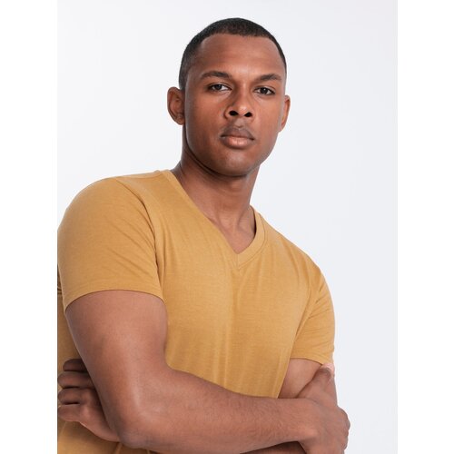 Ombre BASIC men's classic cotton T-shirt with a serape neckline - mustard melange Cene