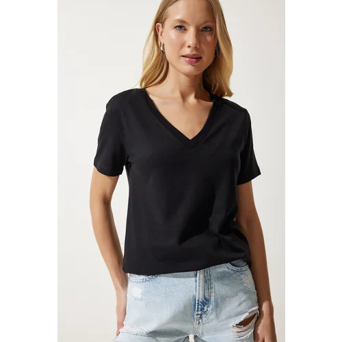  Women's Black V Neck Modal Knitted T-Shirt HW0009