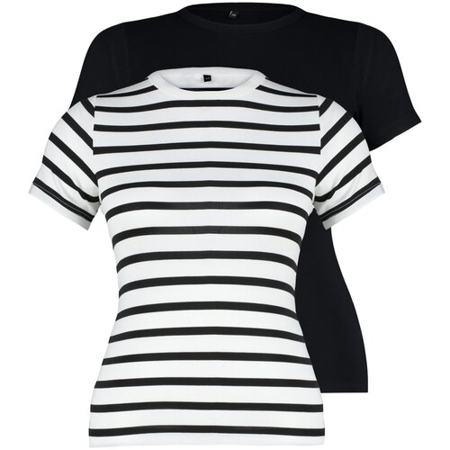 Trendyol Curve Black-Ecru Striped 2-Pack Viscous Stretch Knitted Blouse Cene