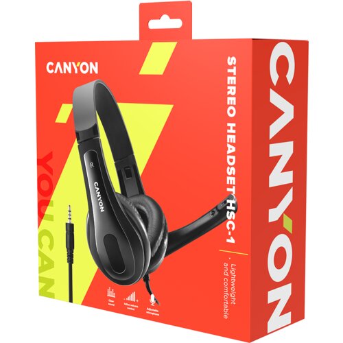 Canyon HSC-1 basic PC headset with microphone, combined 3.5mm plug, leather pads, Flat cable length 2.0m, 160*60*160mm, 0.13kg, Black - CNS-CHSC1B Slike