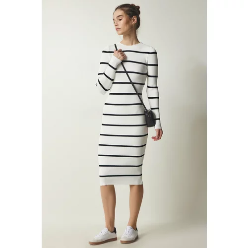 Happiness İstanbul Women's White Ribbed Striped Wrap Sweater Dress