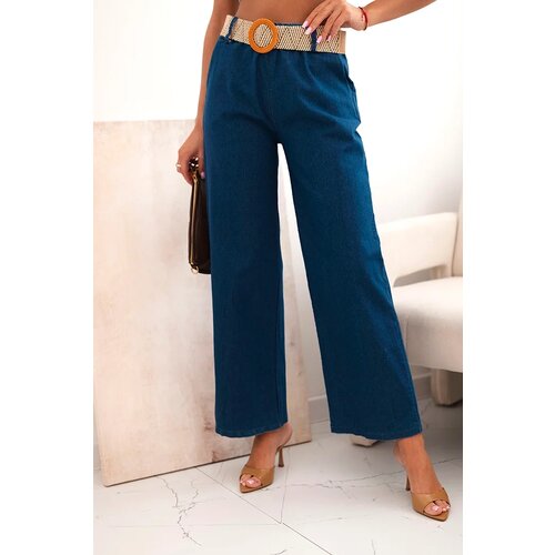 Kesi Włoski Women's cotton trousers with wide legs and a belt denim Cijene