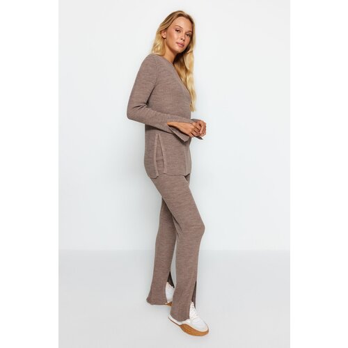 Trendyol Mink Crop Slit Knitwear Top and Bottom Set Slike