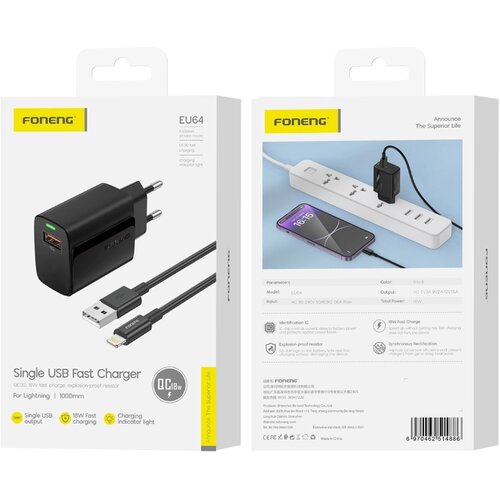 Foneng EU64 18W STENSKI POLNILEC ZA IPHONE LIGHTNING + USB KABEL QC3.0, (5000337741) Cene