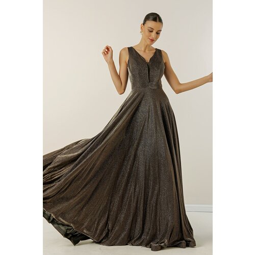 By Saygı V-Neck Imaginary Evening Dress with Tulle and Glittery Lined. Slike