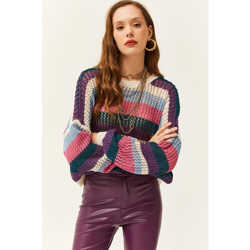 Olalook Women's Purple Blue Fuchsia Color Striped Openwork Knitwear Sweater Slike