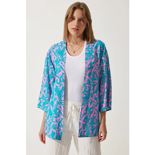  Women's Pink Sky Blue Patterned Viscose Kimono