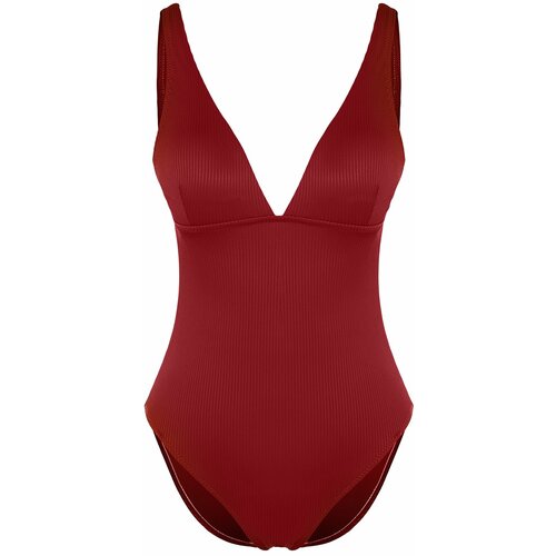 Trendyol burgundy v-neck textured swimsuit Slike