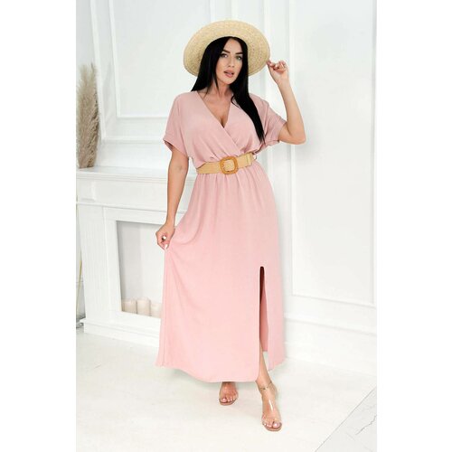 Kesi Long dress with decorative belt powder pink Slike