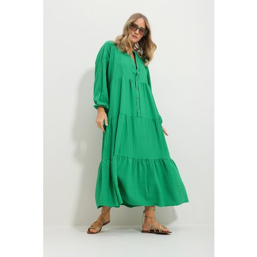 Trend Alaçatı Stili Women's Green Crew Neck Self Textured Maxi Length Dress Slike