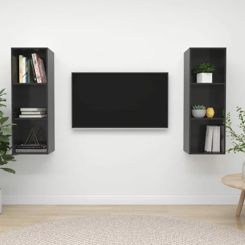 vidaXL Stenska TV omarica 2 kosa visok sijaj sive barve iverna plošča, (20733514)