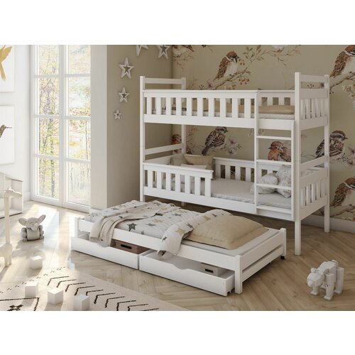 Drveni dečiji krevet na sprat kors sa tri kreveta i fiokom - beli - 190/200*90 cm Slike