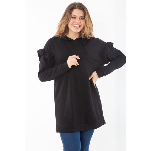 Şans Women's Plus Size Black Inner Raising Three Thread Sleeve Detailed Hooded Sweatshirt Slike