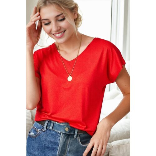 Dewberry 77002 V-Neck Basic Women T-Shirt-RED Slike
