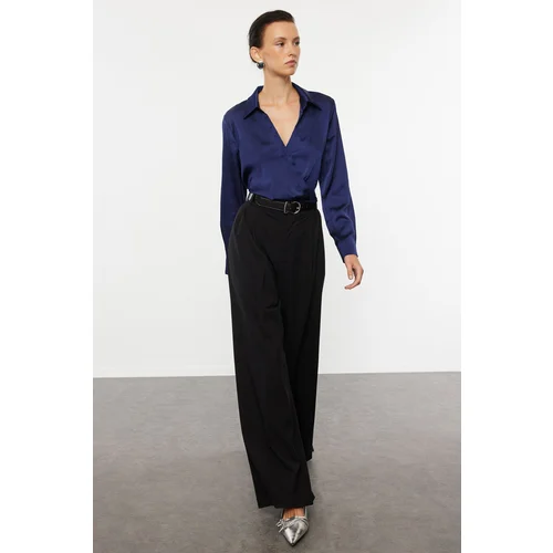 Trendyol Navy Blue Crop Shirt Collar Satin Woven Blouse