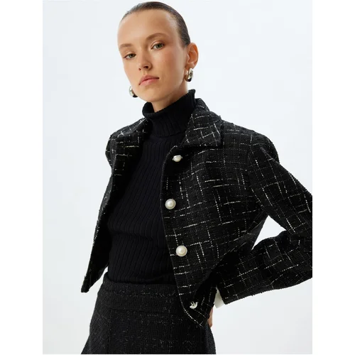 Koton Crop Tweed Jacket Pearl Button Detail Shirt Collar