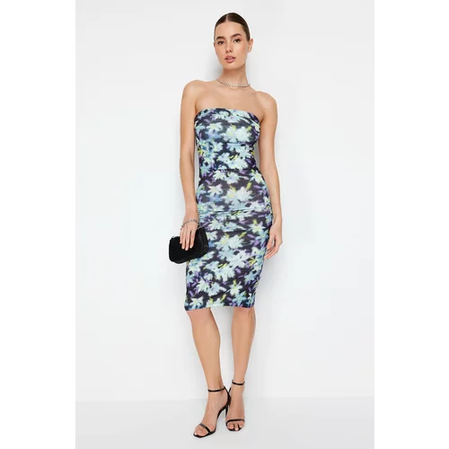 Trendyol Limited Edition Blue Floral Printed Mini Strapless Collar Stretchy Knitted Dress