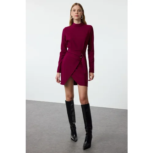 Trendyol Purple Belted A-Line High Collar Mini Woven Dress