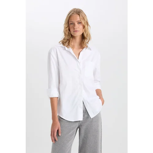 Defacto Oversize Shirt Collar Pocket Button Down Basic Plain Poplin Long Sleeve White Shirt